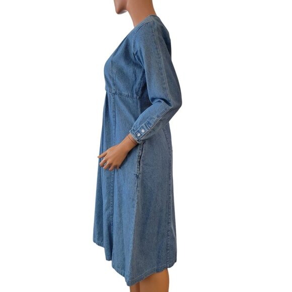 Vintage 80s FADS Womens Size 8 Petite Denim Dress Button Up Lace Pleated Modest - Picture 3 of 16